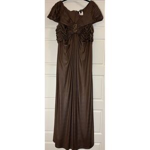 Tadashi Shoji Dress Formal Pleated Embellished Rhinestone Maxi Brown Womens L
